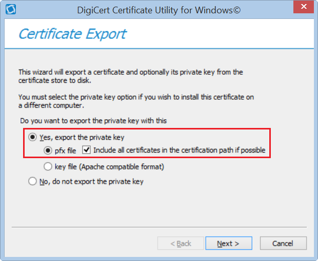 DigiCert Utility Code Signing Certificate Exporting Options