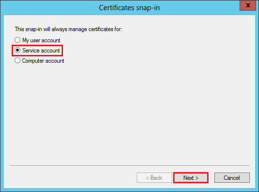 Certificates snap-in window, select Service account