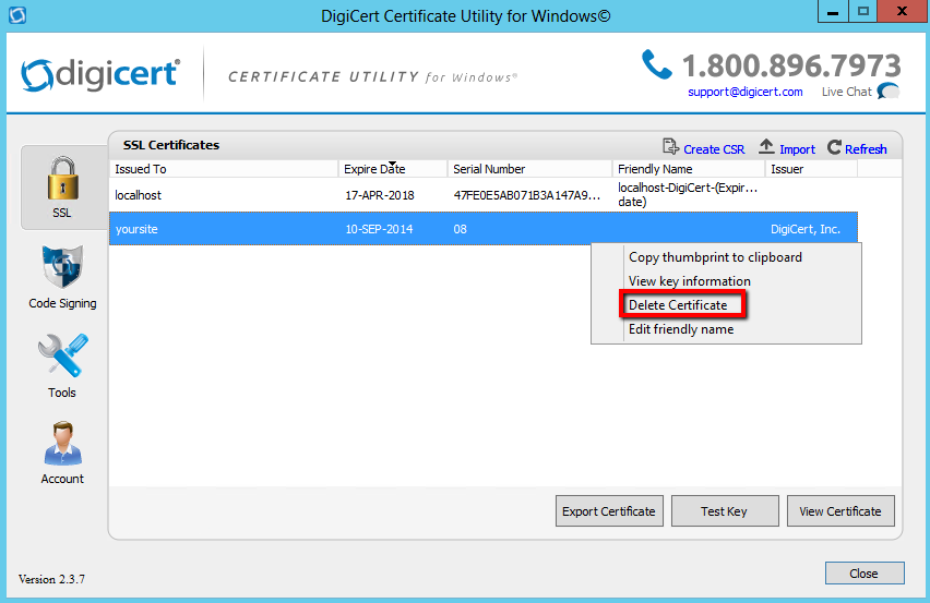 DigiCert Certificate Utility Delete SSL Certificate