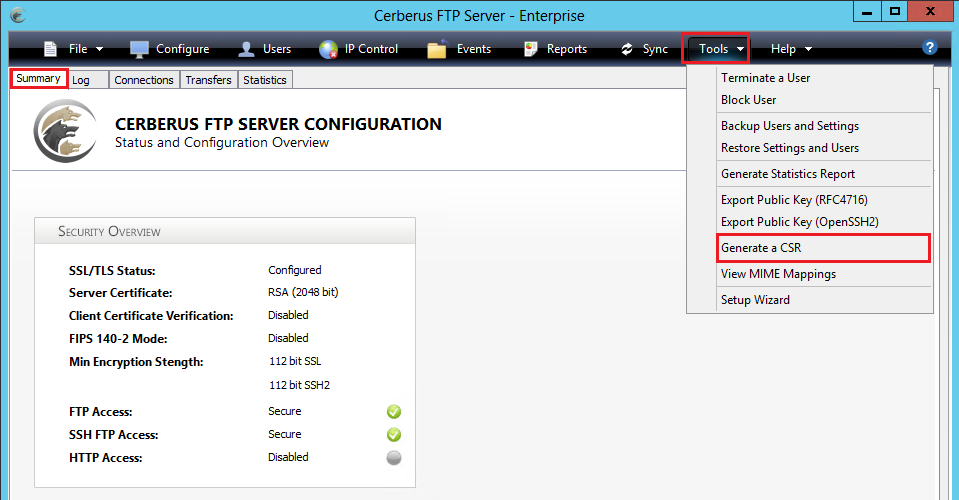 Cerberus FTP Server: create csr