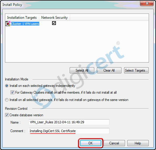 Choose installation targets and comment the database change
