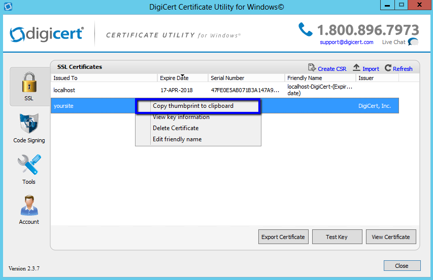 DigiCert Certificate Utility copy thumbprint