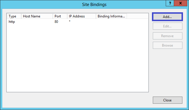 IIS 8 Site Bindings Window (Unconfigured)