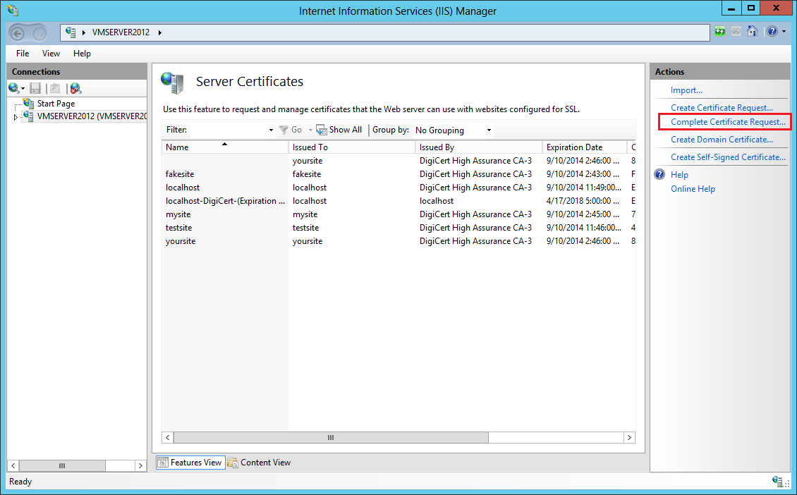 IIS 8/8.5 Internet Information Services (IIS) Manager - Server Certificates