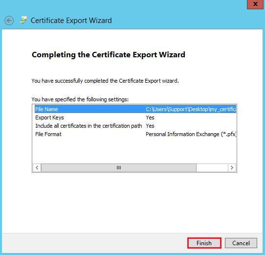 MMC Console - Certificate Export Wizard - Completing the Certificate Export Wizard
