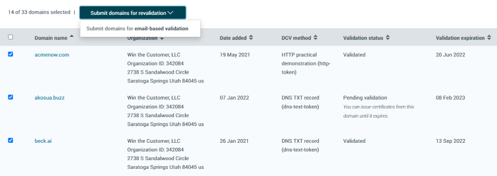 Bulk Domain Validation - Step 1 Select Domains for Revalidation