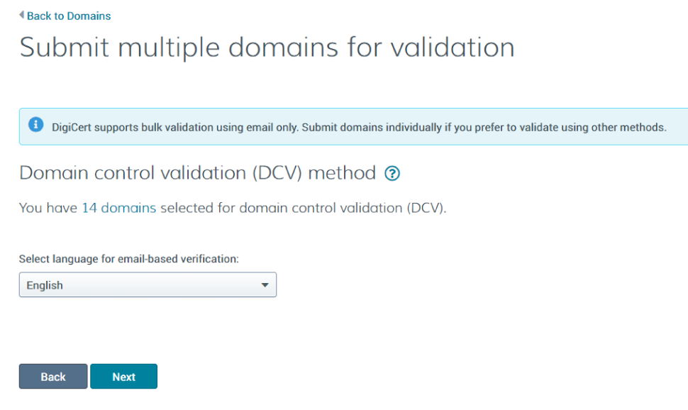 Bulk Domain Validation - Step 2 Select language for email-based verification