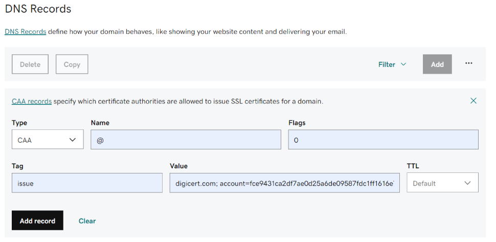 DNS Records - Create a CAA record with the account token