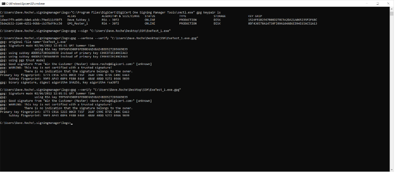 CLI showing list GPG keys, sign and verify all using SSM-SCD