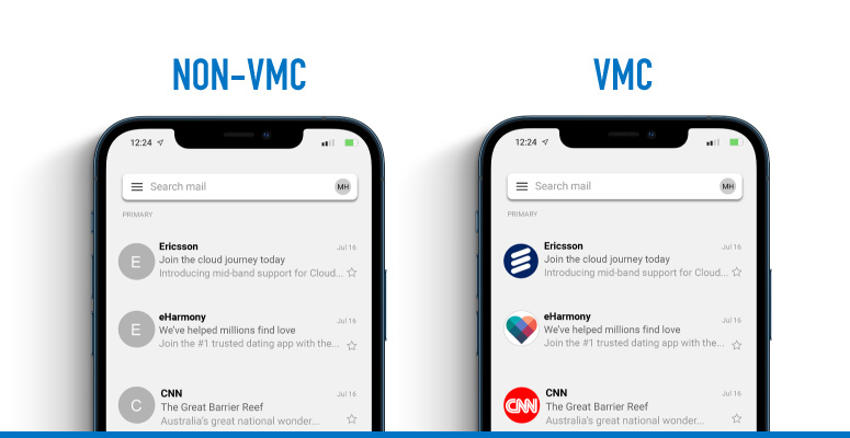 Brand logos displayed in the inbox are visual indicators that the sender has met the strong security and authentication requirements of DMARC and VMCs.