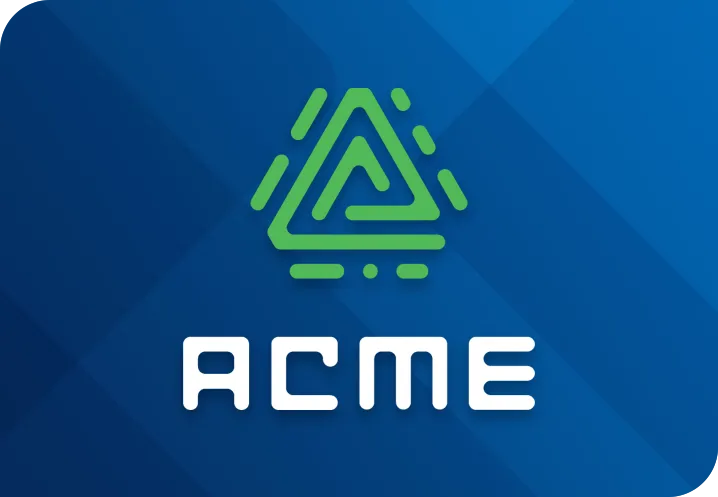 ACME logo with green triangular design on blue background