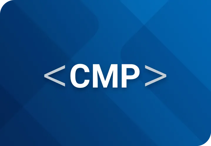 CMP logo with code-style brackets on blue background