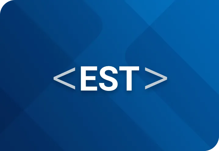 EST logo with code-style brackets on blue background