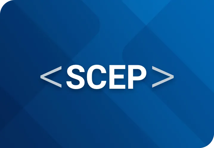 SCEP logo with code-style brackets on blue background