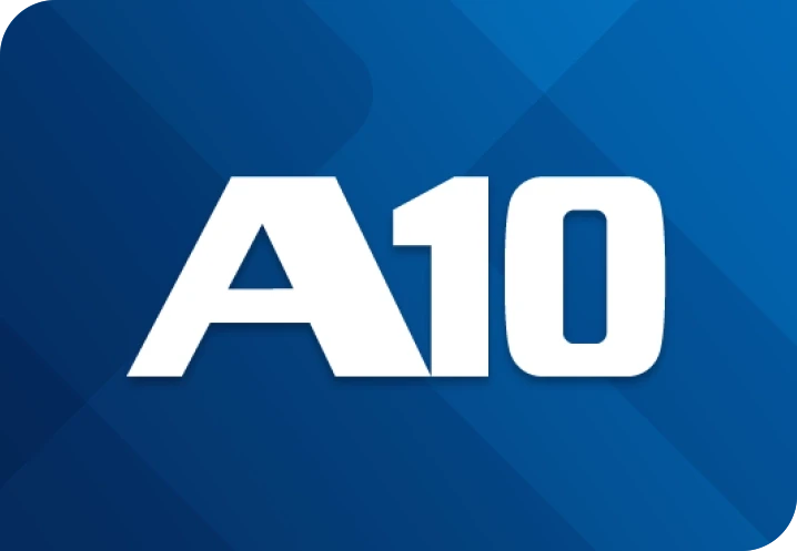 A10 Networks logo on a modern blue geometric background