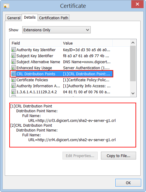 In Chrome, viewing certificate's crl distribution points