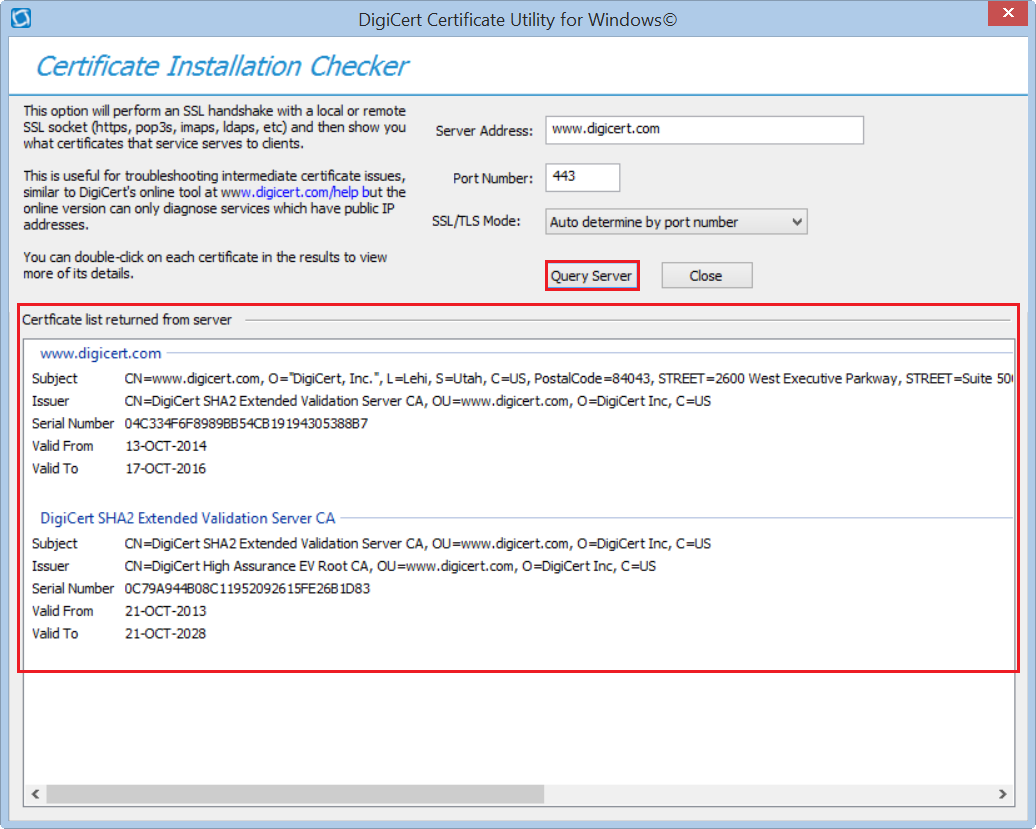 Certificate Installation Checker page in DigiCert Utility