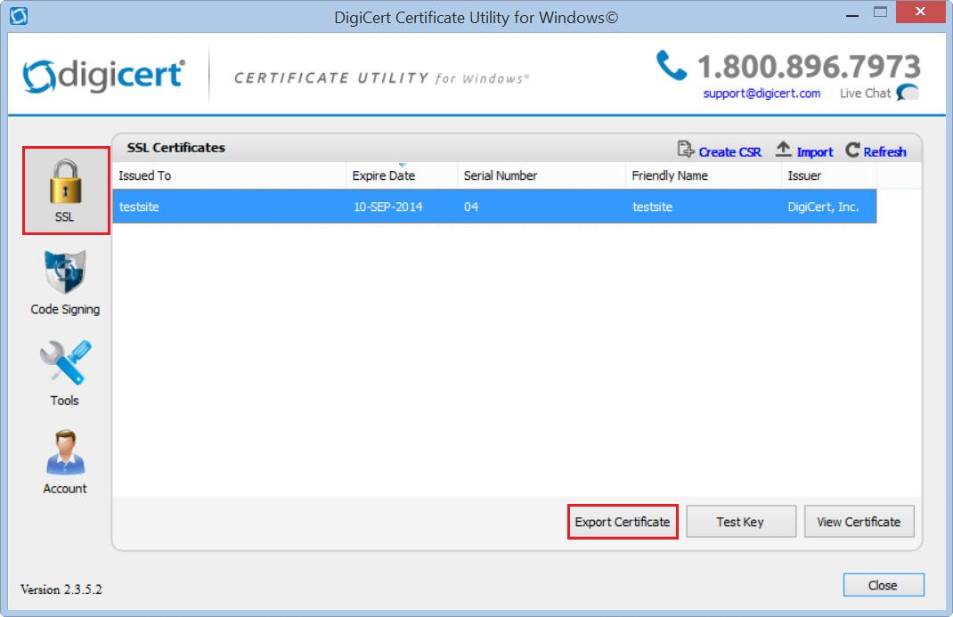 DigiCert Certificate Utility export certificate .pfx file