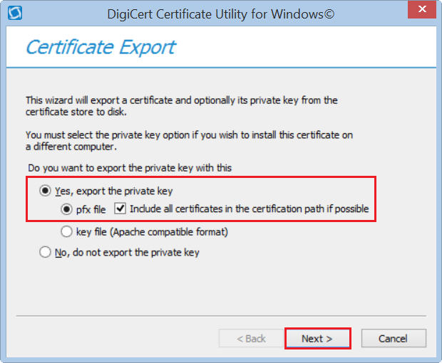 Select Certificate then click Export Button