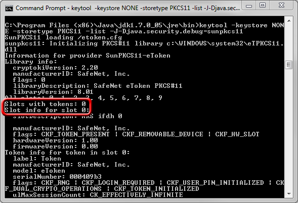 Keytool command output showing the certificate slot number on the hardware token.