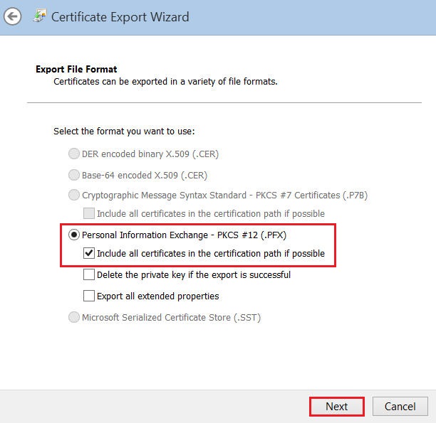 Internet Explorer - Certificate Export Wizard