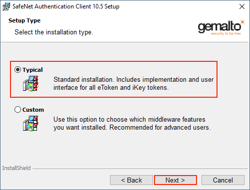 Safenet client Standard or Custom installation screen.