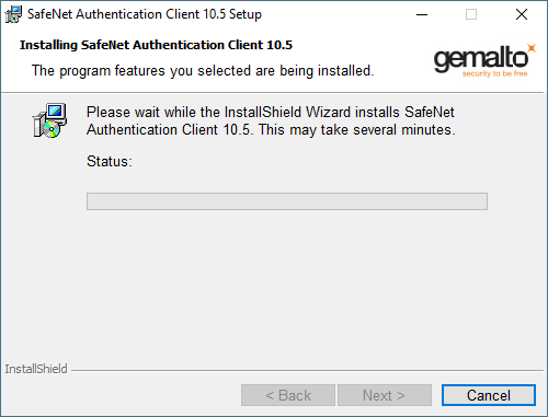 Safenet client start installation in progress screen.