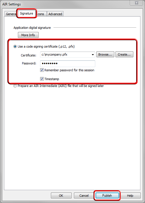 Select code signing certificate pfx file.
