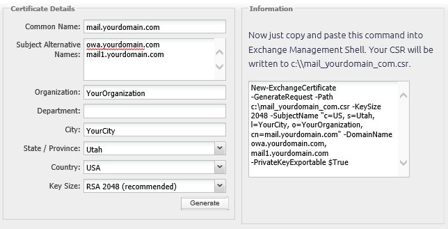 Preview of Easy CSR Command Generator for Exchange 2007