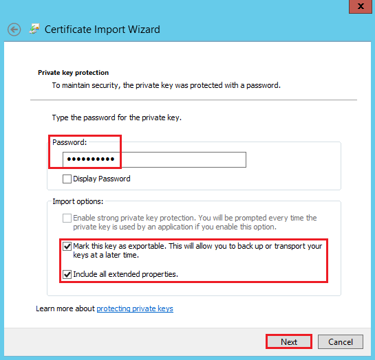 Certificate Import Wizard Password page