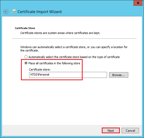 Certificate Import Wizard Certificate Store page