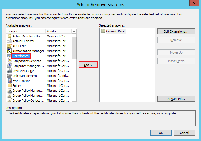 Add or Remove Snap-ins window, add Certificates