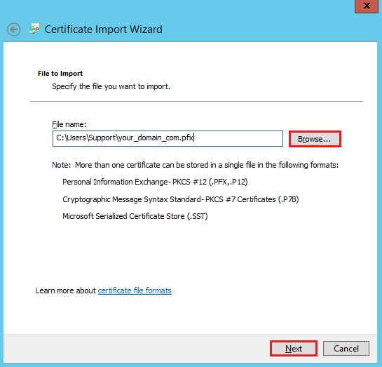 Certificate Import Wizard File to Import page