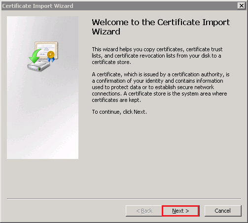 Certificate Import Wizard Welcome page