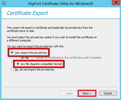 DigiCert Certificate Utility Export in Apache Formant w/private key