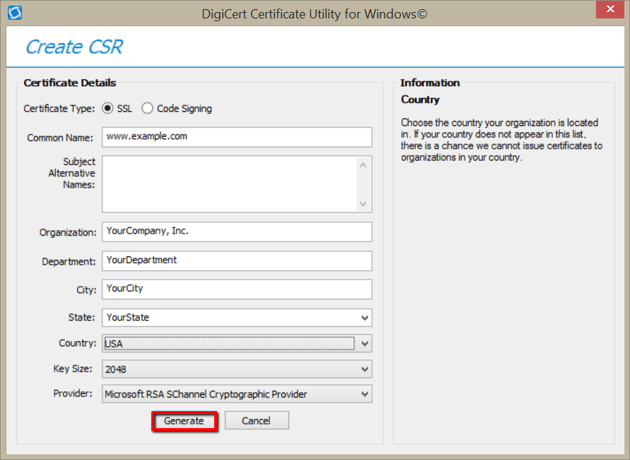 DigiCert Certificate Utility input CSR information
