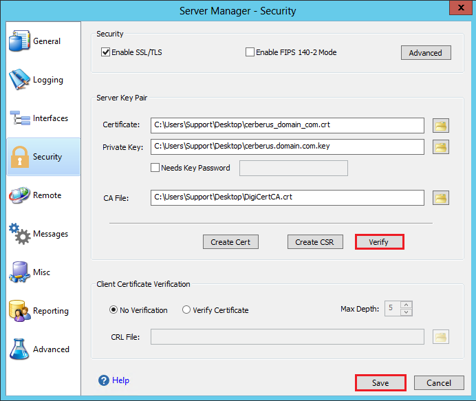 Cerberus Verify SSL Certificate Configured Correctly