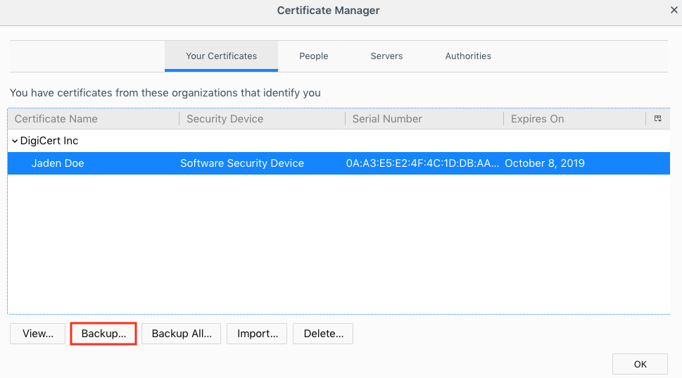 Firefox Certificate Management window