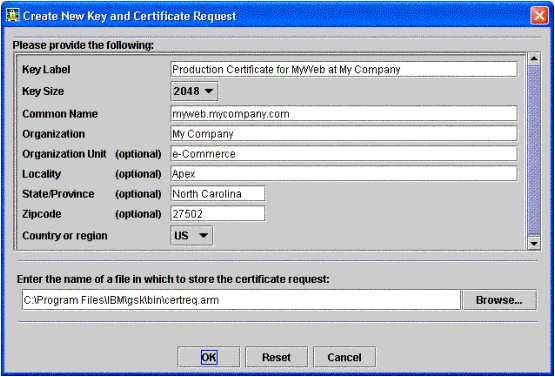Create New Key and Certificate Request Dialog