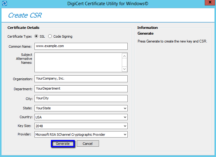 DigiCert Certificate Utility Create CSR page