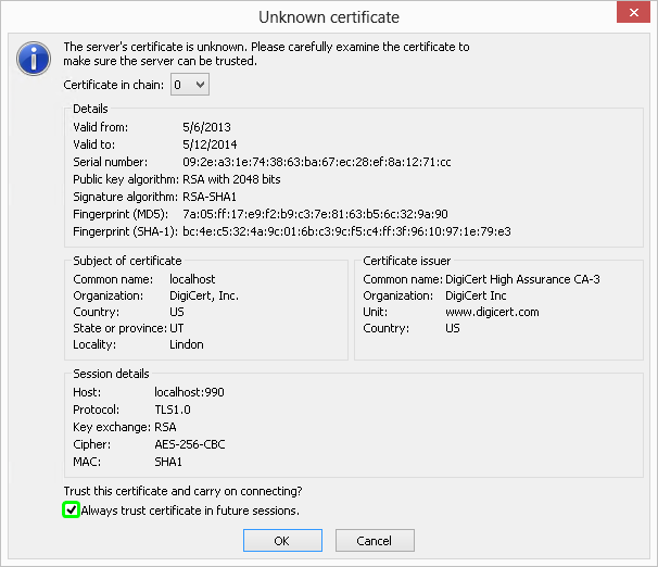 how to fill out filezilla self signed certificate