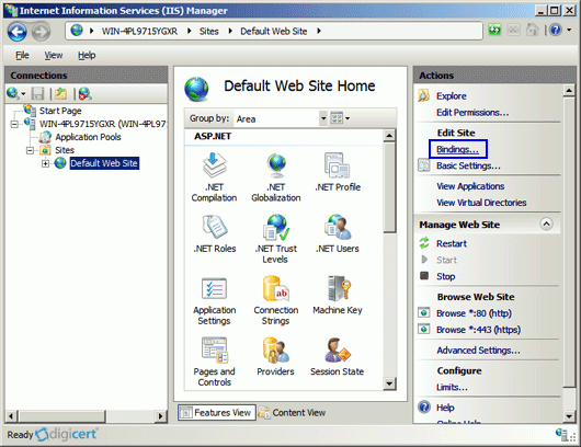 IIS 7 Web Site Home Page Bindings