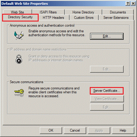 IIS Properties window