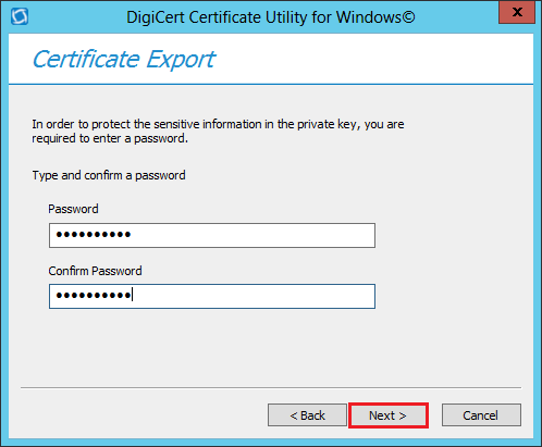 DigiCert Certificate Utility for Windows - Certificate Export wizard