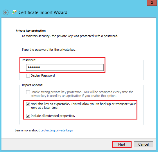 MMC Console - Certificate Import Wizard - Private key protection