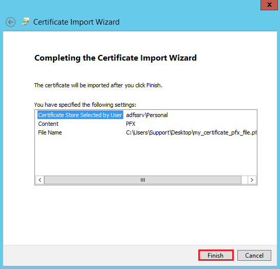 MMC Console - Certificate Import Wizard - Completing the Certificate Import Wizard