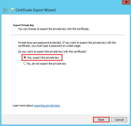 MMC Console - Certificate Export Wizard - Export Private Key