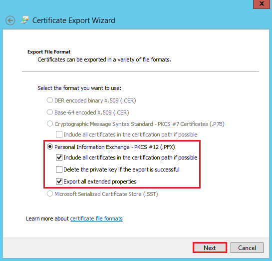 MMC Console - Certificate Export Wizard - Export File Format