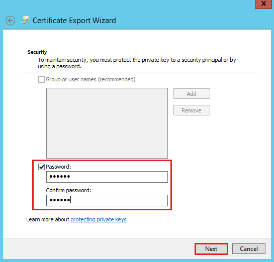 MMC Console - Certificate Export Wizard - Security
