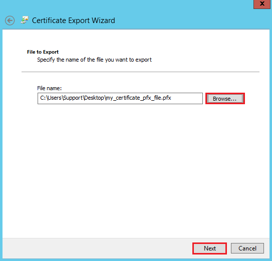 MMC Console - Certificate Export Wizard - File to Export